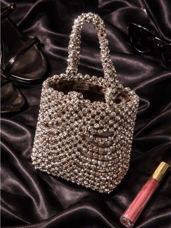 Vintage Handbags - Y2K Silver Beaded Mini Bag Italy Metallic Evening Purse Vintage Glam